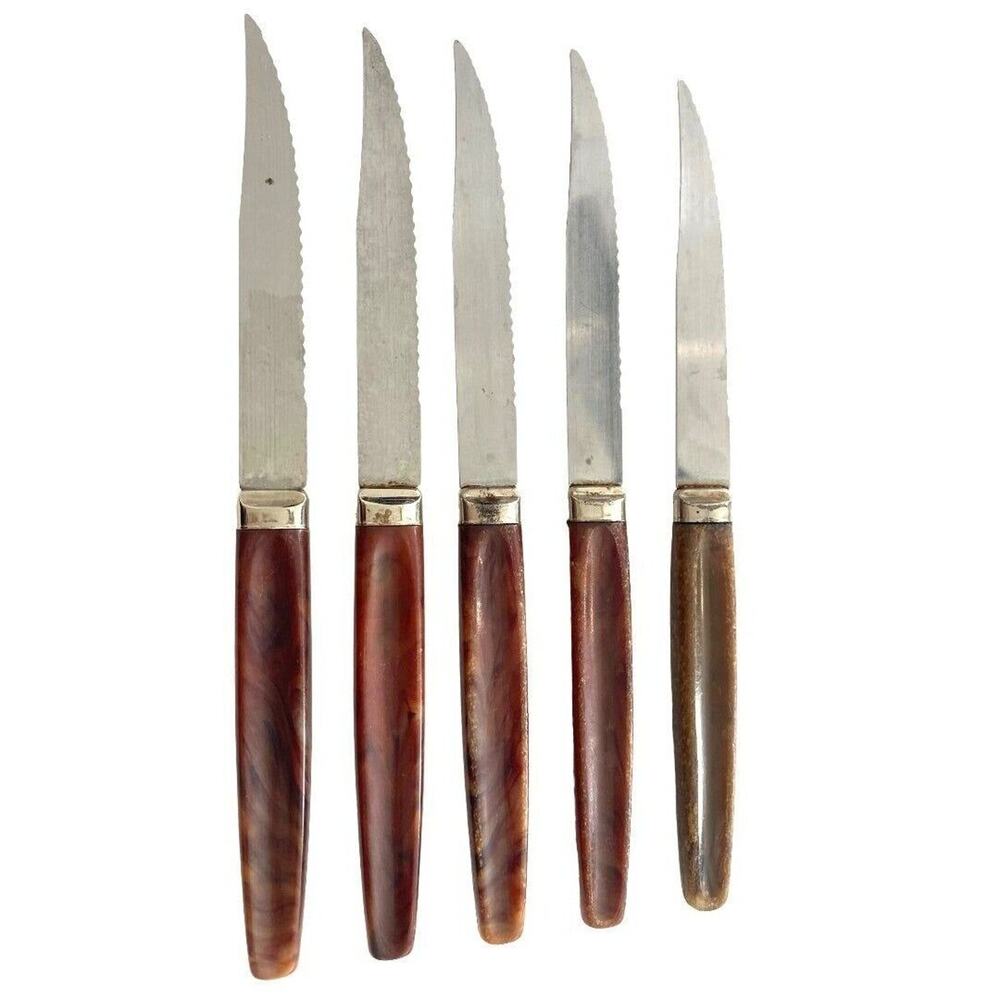 Regent Steak Knife Set of 5 Bakelite Brown Handle Stainless Blade Vintage